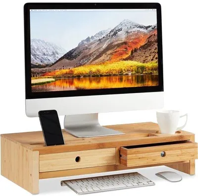 Produktbild von Famanu Monitorständer aus Bambus - mit 2 Schubladen und Fächern - Bildschirmverhöher - für Laptops und Monitore - 14x60x30cm - Natur