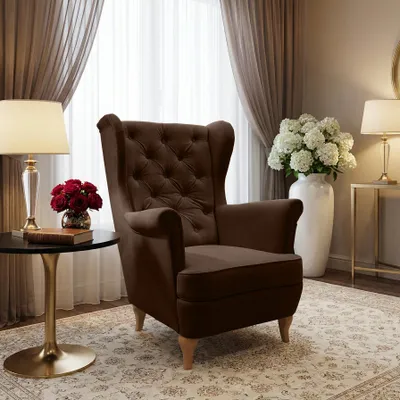 Produktbild von Braun Ohrensessel aus Velours Falco 86 cm Sessel mit Holzbeine Wohnzimmersessel mit Wllenunterfederung, Stoff: kronos 06 - braun