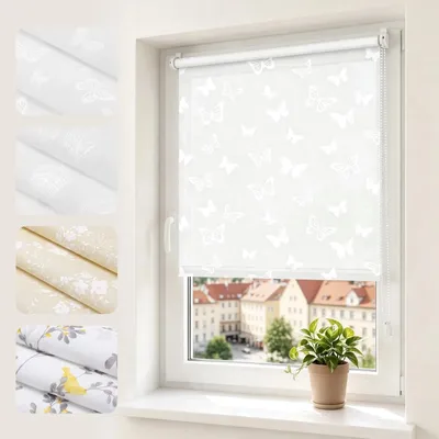 Produktbild von Blickdicht Rollo Seitenzugrollo ohne Bohren Klemmfix Muster Rollo Fensterrollo Schmetterling Weiß 100x130cm
