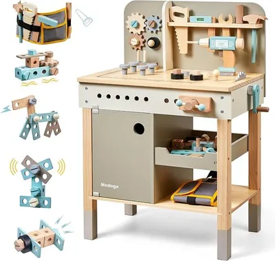 Productafbeelding van Werkbank voor kinderen, houten speelgereedschapset met kinder gereedschapsgordel, kleine werkbank, speelgoed bouwgereedschapset, houten speelgoed boormachine, cadeau voor jongens en meisjes, geschikt voor kinderen van 3-9 jaar