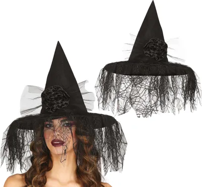 Produktbild von Hexe Halloween Hut Mystischer Zauber Kopfschmuck Schleier Blume Verkleidung Magie Schwarz, Farbe: Schwarz