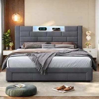 Image de UnboxG Lit rembourré 160x200cm avec USB et prises de courant, lit double pour adolescents avec 3 tiroirs, lit de rangement Lit en bois massif avec LED/Type C et sommier à lattes Gris
