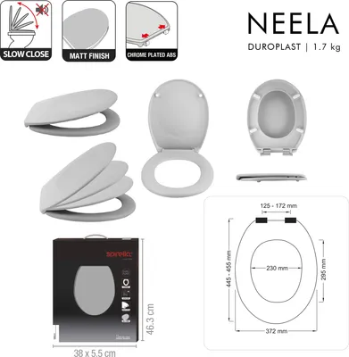A collage of images showing a toilet seat, its features, packaging, and dimensions.