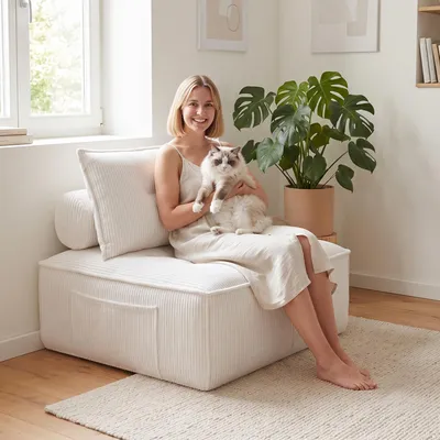 Produktbild von Modularer Cord Sessel mit Tiefsitz, Bodensofa mit Seitentasche für Wohnzimmer und Apartment