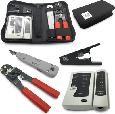 A collection of network tools, including a crimping tool, punch-down tool, wire stripper, and network tester, arranged on a white background.