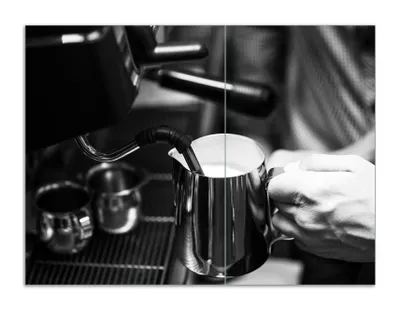Produktbild von Wallario Herdabdeckplatte aus Glas, Größe 70 x 52 cm 2-teilig, Motiv Barista - Einblick in ein Café