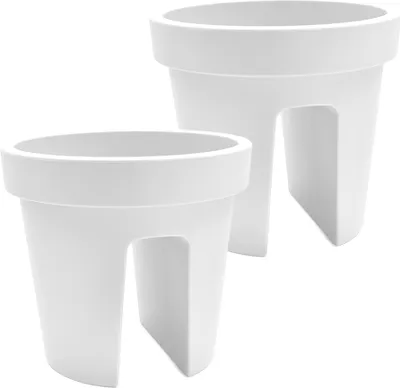 Produktbild von 2er Set Balkon-Blumenkasten rund 28cm, Geländertopf, Balkonkasten, Blumentopf, Pflanztopf Railing 13L weiß