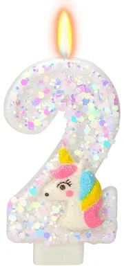 Einhorn-Geburtstagskerze Ziffer 2, rosa, mit Pailletten, 7,56 cm