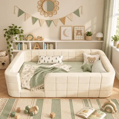 Produktbild von Kinderbett 90x190 cm, beiges Polsterbett mit Schutzgitter, niedrigem Einstieg und Lattenrost
