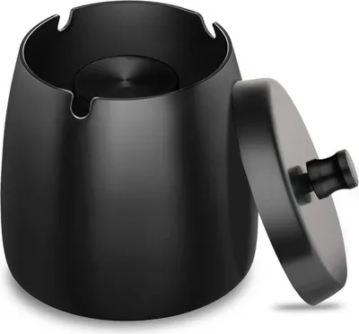 Produktbild von Edelstahl-Aschenbecher mit Deckel - schwerer, wind- und rutschfester Aschenbecher für innen & außen, Schwarz