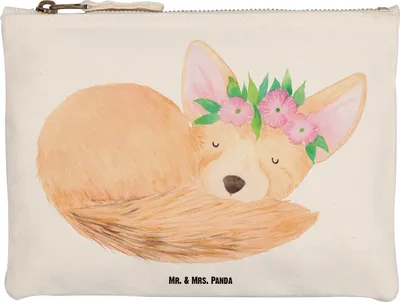 Produktbild von Mr. & Mrs. Panda Mäppchen Wüstenfuchs Blumen Größe M - Weiß - Geschenk, kosmetiktäschchen, Federtasche, Kulturtasche, Kulturbeutel, Blumenkranz, Afrika, Federmappe, Wüste