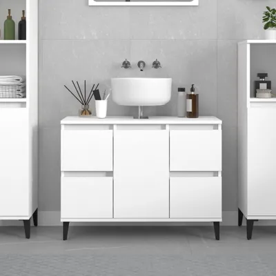 A clean, modern bathroom vanity with a sink and storage cabinets.