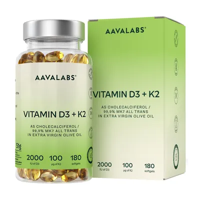 A bottle of vitamin D3+K2 supplements next to its packaging box.