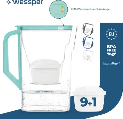 Obrázok produktu pre Kanvica na vodu Wessper 2,7 l kompatibilná s Brita Maxtra na dvere chladničky s manuálnym indikátorom opotrebovania filtra | 10x vodný filter - Mint