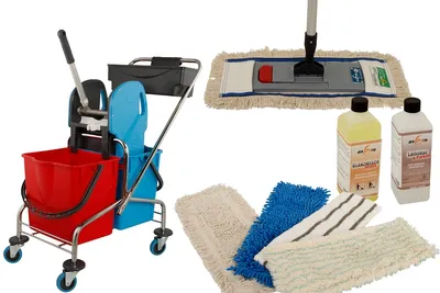 Produktbild von Axis Line Wischmop Komplettset mit Doppelfahrwagen Reinigungswagen 17 Liter Chrom und Ersatzmöppe und 2 x Profi Reinigungsmittel 40cm breite