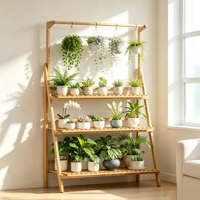 Immagine prodotto di FATIVO, scala per piante in bambù, 3 livelli, scaffale pieghevole con asta appendi piante, 100 x 40 x 96 cm