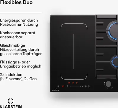 Produktbild von Klarstein MultiChef 4 Induktionskochfeld Mit Gaskochfeld - 4-Zonen Flexzone, 2 Gas- & 2 Induktionsbrenner, 7 Kw, Schieberegler, Stop&Go, Timer, Gusseisen, Schwarz