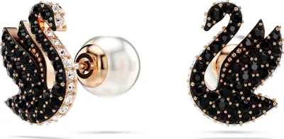 A pair of Swarovski swan earrings with black and white crystals and rose gold accents, displayed against a white background.