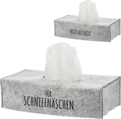 Produktbild von GKA Filz Überzieher hellgrau für Taschentücherbox mit Spruch - Notfallbox für Schnupfnäschen - Taschentuchbox Kosmetiktücher Box Taschentücher