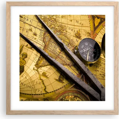 Produktbild von Gerahmtes Poster - Rahmen in heller Eiche - Kompass Abenteuer Reisen - 40x40 cm - Wand Bild - Wanddeko - Wandbilder - Wandposter - Bilderrahmen - Bilder - Kunstdruck - Wandbild - P2NAC40x40-0146