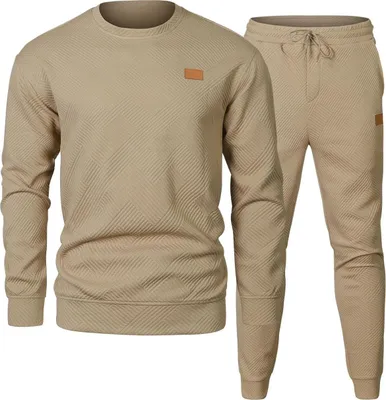 Produktbild von ASKSA Herren Jogginganzug Trainingsanzug Set Pullover Sweatshirt Crew Hoodie und Sporthose 2 Piece Freizeitanzug,Khaki,L