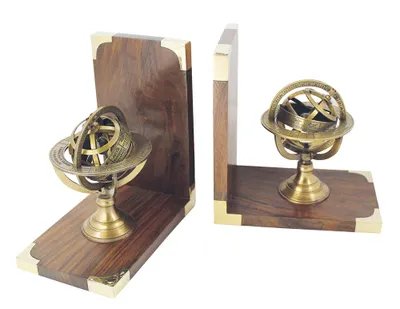 Produktbild von 2 Buchstützen mit Armillarsphären  aus Holz und Messing
