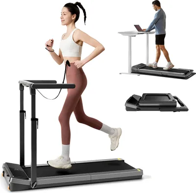 A collage showing a woman running on a treadmill, a man using a treadmill desk, and a folded treadmill.