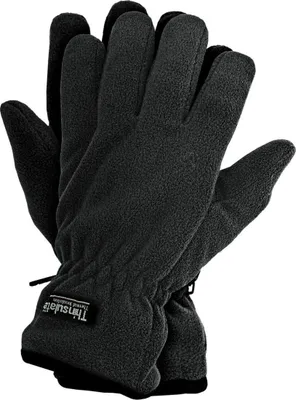 A pair of black fleece gloves with a Thinsulate label.