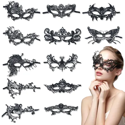 12 Venezianische Spitzenmasken für Damen, schwarz, Karneval, Cosplay