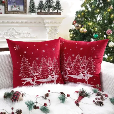 Produktbild von Weihnachts-Kissenbezüge 2er Set 45x45cm Rot Schneeflocken Rentier Samt