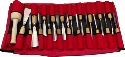 Immagine prodotto di Set di scalpelli STUBAI lucidati, 21 pezzi | Set di utensili per intaglio di alta qualità con 20 diversi scalpelli e mazze di legno | Scultura, rilievi, intaglio del legno | In robusta borsa con rotelle