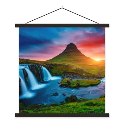 Produktbild von MuchoWow® Textilposter Wasserfall - Berg - Moos - Sonnenuntergang - Natur 120x120 cm mit schwarzem Rahmen - Aufhängungsset