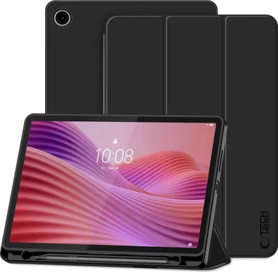 A black tablet case with a tablet inside, displayed in a studio setting.