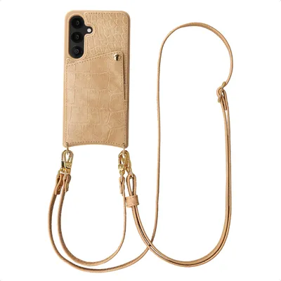 Produktbild von Selencia Nova Croco Handyhülle mit Band und Kartenfach für das Samsung Galaxy S25 / S24 – Toasted Almond