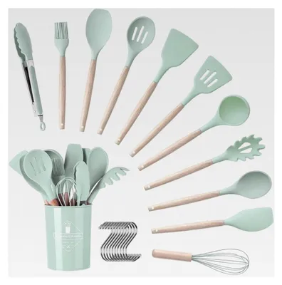 Produktbild von Küchenhelfer Set, 12-teilig, mit Besteckbox, Silikon mit Holzgriff, gesund, antihaftbeschichtet, spülmaschinenfest, hitzebeständig