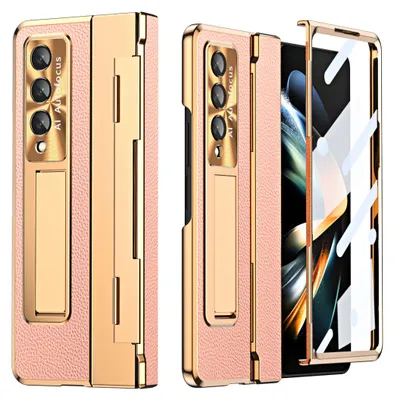 Obrázek produktu pro Pouzdro pro Samsung Galaxy Z Fold 3 5G, Galvanizovaný pouzdro s ochrana displeje a objektivu, s držákem a stojánkem Růžový