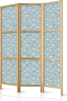 Produktbild von 3-teiliger Einseitiger Vlies Japanischer Paravent - Illustration - Yellow-Blue Airplanes Against a Blue Sky. 135x172 cm Für Kinder i-H-10002-bh-a