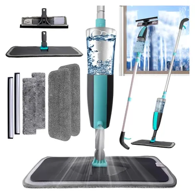 Produktbild von Fensterabzieher mit Sprühfunktion, 4-in-1 Fensterputzer Bodenabzieher mit Teleskopstiel, Fensterwischer mit Spray, Bodenwischer Glasreinigungswerkzeug für Reinigen Fenster, Boden, Glas, Wand