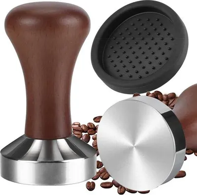 Produktbild von Famanu Kaffeetamper 51 mm mit Holzgriff und Tampermat - Edelstahl