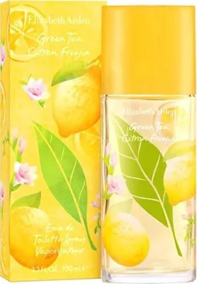 A product box and bottle of Elizabeth Arden Green Tea Citron Freesia perfume, featuring lemons, leaves, and flowers.