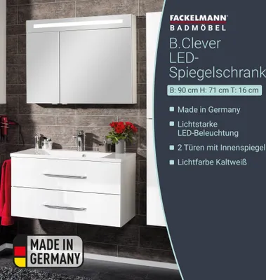 Produktbild von FACKELMANN Spiegelschrank B.CLEVER / zweitürig / Spiegelschrank mit gedämpften Scharnieren / Maße (B x H x T): ca. 90 x 71 x 16 cm / hochwertiger Spiegelschrank / Möbel fürs WC und Bad / Korpus: Weiß