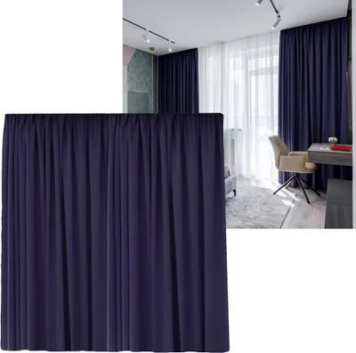 A collage showing a dark blue curtain in the foreground and a room interior with dark blue and white curtains, a desk, and a chair in the background.