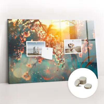 Produktbild von Magnetische Wandtafel aus Glas – Memotafel mit gebogener Vorderseite – Enthält 5 Magnete – 60x40 cm – Mit Frühlingsblumenmuster