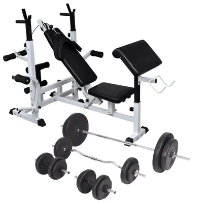 Zdjęcie produktu dla Ławka do ćwiczeń ze stojakiem, sztangami i hantlami, 90 kg
