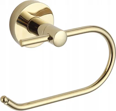 A close-up studio shot of a gold toilet paper holder against a white background.