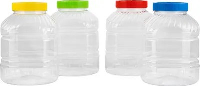 Four clear plastic jars with colored screw-on lids are arranged in a row against a white background.