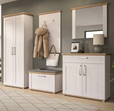 Produktbild von Garderobe Set 5-teilig "Mirano" weiß Lärche Eiche Artisan Landhaus mit Sitzkissen