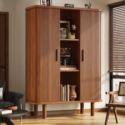 Produktbild von Flieks Küchenschrank mit geriffelter Front & abgerundeten Kanten, Hochschrank mit Rollladentür, Massivholzbeine, Sideboard 110x40x160cm, Dunkelbraun