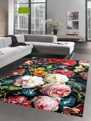 Image de Tapis Salle de séjour Tapis design Fleurs d'automne Bouquet de fleurs noir rouge Taille - 120x170 cm