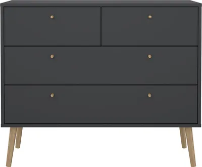A dark gray dresser with four drawers and wooden legs, shown against a white background.